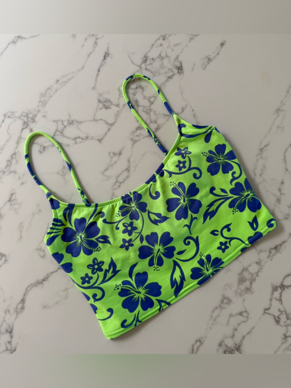 Vintage 90s Sunset Beach Hibiscus Crop Top - Neon Lime/Cobalt Blue - Size Medium